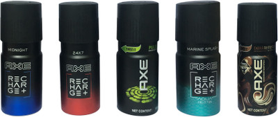 

AXE MIDNIGHT,24*7,PULSE,MARINE SPLASH,DARK TEMPTATION ( PACK OF 5) Deodorant Spray - For Men(150 ml, Pack of 5)