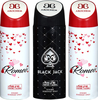 

AROCHEM ROMEO , BLACK JACK AND ROMEO DYNAMIC PURE ORIGINAL Deodorant Spray - For Men & Women(200 ml, Pack of 3)