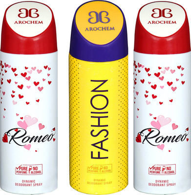

AROCHEM ROMEO , FASHION AND ROMEO DYNAMIC PURE ORIGINAL Deodorant Spray - For Men & Women(200 ml, Pack of 3)