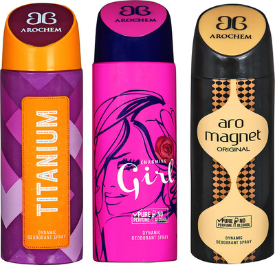 

AROCHEM TITANIUM , CHARMING GIRL AND ARO MAGNET DYNAMIC PURE ORIGINAL Deodorant Spray - For Men & Women(200 ml, Pack of 3)