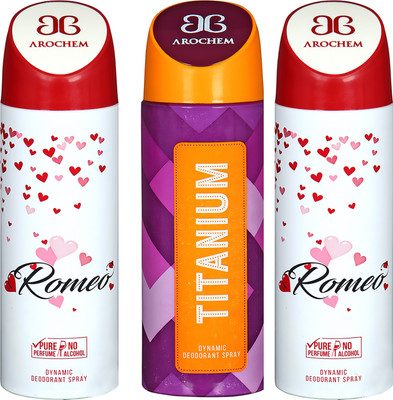 

AROCHEM ROMEO , TITANIUM AND ROMEO DYNAMIC PURE ORIGINAL Deodorant Spray - For Men & Women(200 ml, Pack of 3)