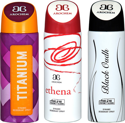 

AROCHEM TITANIUM , ETHENA AND BLACK JACK DYNAMIC PURE ORIGINAL Deodorant Spray - For Men & Women(200 ml, Pack of 3)