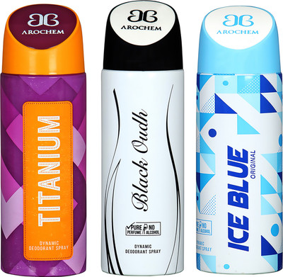

AROCHEM TITANIUM , BLACK OUDH AND ICE BLUE DYNAMIC PURE ORIGINAL Deodorant Spray - For Men & Women(200 ml, Pack of 3)