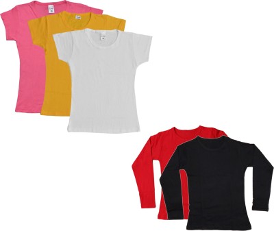 Indistar Girls Solid Cotton Blend Regular T Shirt(Red, Pack of 5)