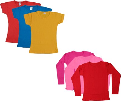 Indistar Girls Solid Cotton Blend T Shirt(Pink, Pack of 6)