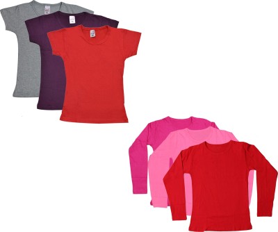 Indistar Girls Solid Cotton Blend T Shirt(Pink, Pack of 6)