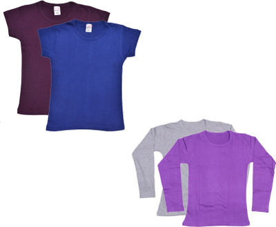 Indistar Girls Solid Cotton Blend Regular T Shirt(Grey, Pack of 4)