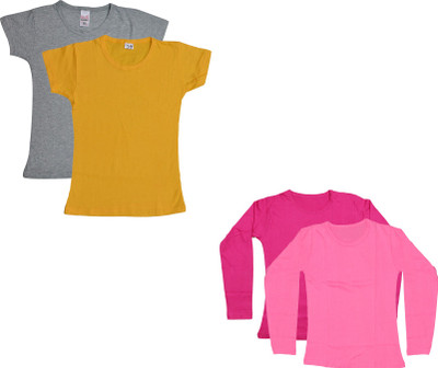 IndiWeaves Girls Solid Cotton Blend Regular T Shirt(Pink, Pack of 4)