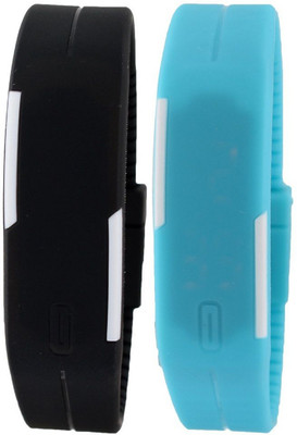 Pappi Boss Package of 2 Black & Sky Blue Silicone Jelly Slim Sports Led Smart Watch - For Boys