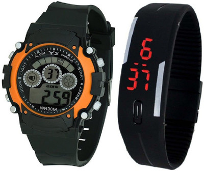Pappi Boss Sports Watch Collection Pack of 2 Black-Orange Sports & Black Led Watch - For Boys & Girls