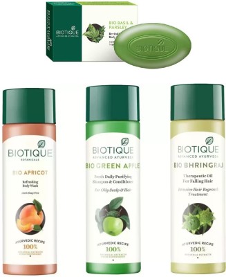 BIOTIQUE Apricot Refreshing Body Wash, Green Apple Fresh Daily Purifying Shampoo and Conditioner, Bhringraj Therapeutic Oil For Falling Hair, soap(4 Items in the set)