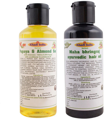 

Khadi India Santosh Khadi Herbal Papaya & Almond Sat shampoo and Maha bhringraj ayurvedic hair oil Combo Pack of 2x210 ml(Set of 2)