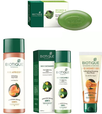 

BIOTIQUE BIO Apricot Refreshing Body Wash, Cucumber Pore Tightening Toner, Honey Gel Face Wash,soap(Set of 4)
