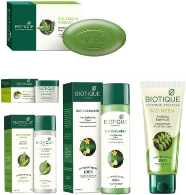 

BIOTIQUE BIO Neem Purifying Face Wash, Morning Nectar Flawless Skin Moisturizer, Cucumber Pore Tightening Toner, Coconut Whitening & Brightening Cream, soap(Set of 5)