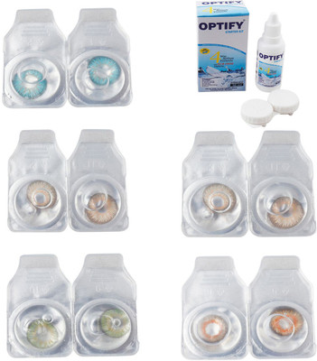 

Optify Combo Pack Monthly Color Contact Lens With Solution Monthly Contact Lens(0, Aqua-Gold-Green-Hazel-Honey, Pack of 5)