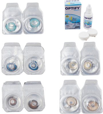 Optify Combo Pack Monthly Color Contact Lens With Solution Monthly Contact Lens(0, Aqua-Blue-Brown-Natural Grey-Hazel, Pack of 5)
