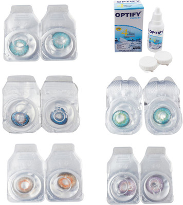 

Optify Combo Pack Monthly Color Contact Lens With Solution Monthly Contact Lens(0, Aqua-Blue-Honey-Green Turquoise-Violet, Pack of 5)