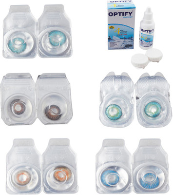 Optify Combo Pack Monthly Color Contact Lens With Solution Monthly Contact Lens(0, Aqua-Brown-Honey-Green Turquoise-Blue Topaz, Pack of 5)