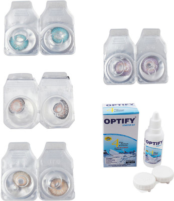 Optify Combo Pack Monthly Color Contact Lens With Solution Monthly Contact Lens(0, Aqua-Grey-Hazel-Violet, Pack of 4)