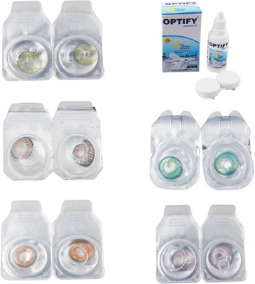 Optify Combo Pack Monthly Color Contact Lens With Solution Monthly Contact Lens(0, Green-Grey-Honey-Green Turquoise-Violet, Pack of 5)