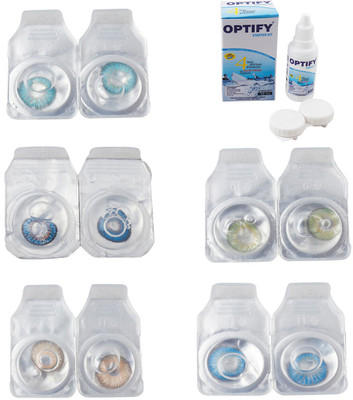 Optify Combo Pack Monthly Color Contact Lens With Solution Monthly Contact Lens(0, Aqua-Blue-Gold-Green-Blue Topaz, Pack of 5)