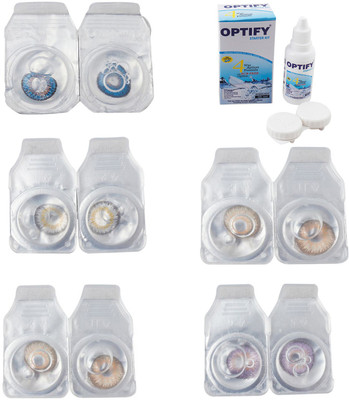 Optify Combo Pack Monthly Color Contact Lens With Solution Monthly Contact Lens(0, Blue-Natural Grey-Gold-Hazel-Violet, Pack of 5)