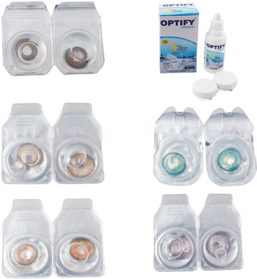 Optify Combo Pack Monthly Color Contact Lens With Solution Monthly Contact Lens(0, Brown-Hazel-Honey-Green Turquoise-Violet, Pack of 5)