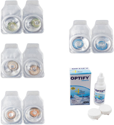 Optify Combo Pack Monthly Color Contact Lens With Solution Monthly Contact Lens(0, Green-Hazel-Honey-Blue Topaz, Pack of 4)