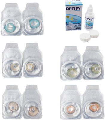 

Optify Combo Pack Monthly Color Contact Lens With Solution Monthly Contact Lens(0, Aqua-Natural Grey-Gold-Green-Honey, Pack of 5)
