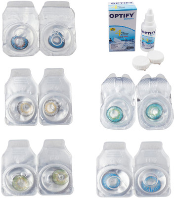Optify Combo Pack Monthly Color Contact Lens With Solution Monthly Contact Lens(0, Blue-Natural Grey-Green-Green Turquoise-Blue Topaz, Pack of 5)