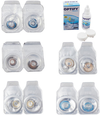 Optify Combo Pack Monthly Color Contact Lens With Solution Monthly Contact Lens(0, Blue-Brown-Natural Grey-Gold-Blue Topaz, Pack of 5)