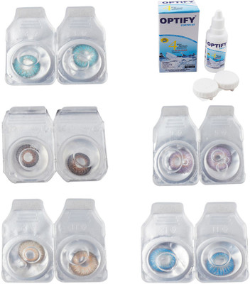 Optify Combo Pack Monthly Color Contact Lens With Solution Monthly Contact Lens(0, Aqua-Brown-Hazel-Violet-Blue Topaz, Pack of 5)