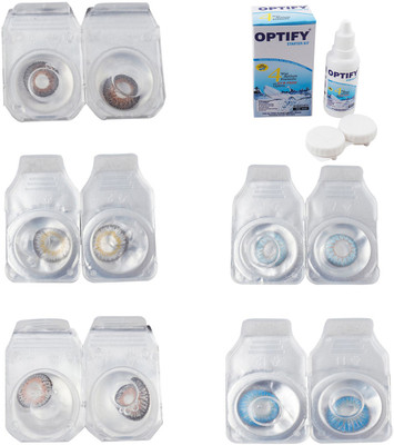 Optify Combo Pack Monthly Color Contact Lens With Solution Monthly Contact Lens(0, Brown-Natural Grey-Grey-Sea Blue-Blue Topaz, Pack of 5)