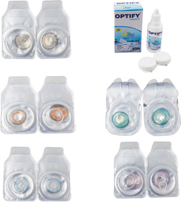 

Optify Combo Pack Monthly Color Contact Lens With Solution Monthly Contact Lens(0, Natural Grey-Honey-Sea Blue-Green Turquoise-Violet, Pack of 5)
