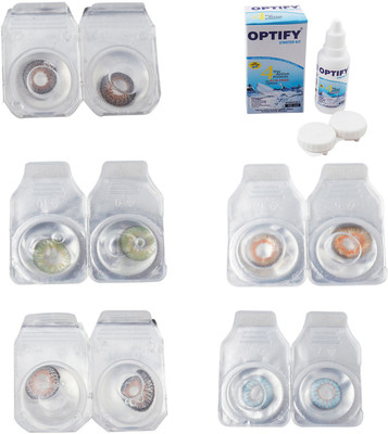Optify Combo Pack Monthly Color Contact Lens With Solution Monthly Contact Lens(0, Brown-Green-Grey-Honey-Sea Blue, Pack of 5)