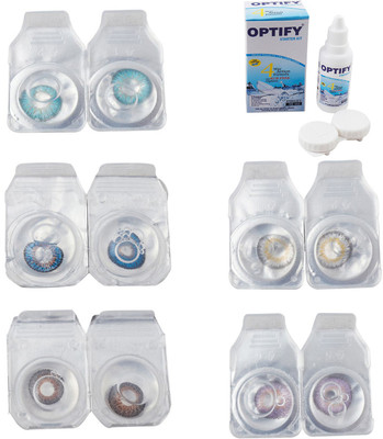 Optify Combo Pack Monthly Color Contact Lens With Solution Monthly Contact Lens(0, Aqua-Blue-Brown-Natural Grey-Violet, Pack of 5)