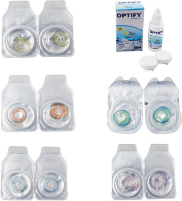 

Optify Combo Pack Monthly Color Contact Lens With Solution Monthly Contact Lens(0, Green-Honey-Sea Blue-Green Turquoise-Violet, Pack of 5)