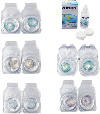 

Optify Combo Pack Monthly Color Contact Lens With Solution Monthly Contact Lens(0, Aqua-Natural Grey-Sea Blue-Green Turquoise-Violet, Pack of 5)