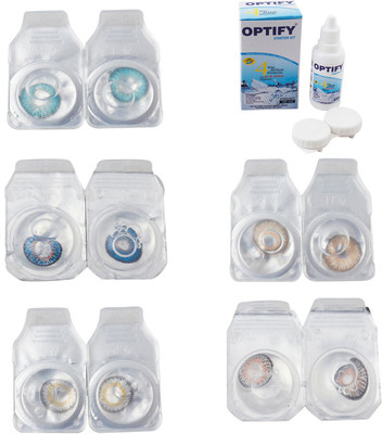 

Optify Combo Pack Monthly Color Contact Lens With Solution Monthly Contact Lens(0, Aqua-Blue-Natural Grey-Gold-Grey, Pack of 5)