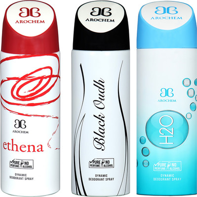 

AROCHEM ETHENA , BLACK OUDH AND H2O DYNAMIC PURE ORIGINAL Deodorant Spray - For Men & Women(200 ml, Pack of 3)