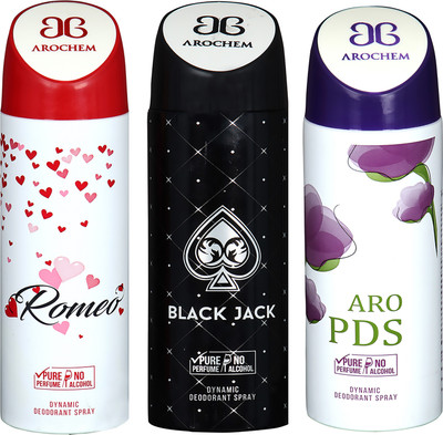 

AROCHEM ROMEO , BLACK JACK AND ARO PDS DYNAMIC PURE ORIGINAL Deodorant Spray - For Men & Women(200 ml, Pack of 3)
