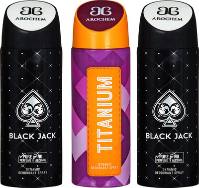 

AROCHEM BLACK JACK , TITANIUM AND BALCK JACK DYNAMIC PURE ORIGINAL Deodorant Spray - For Men & Women(200 ml, Pack of 3)