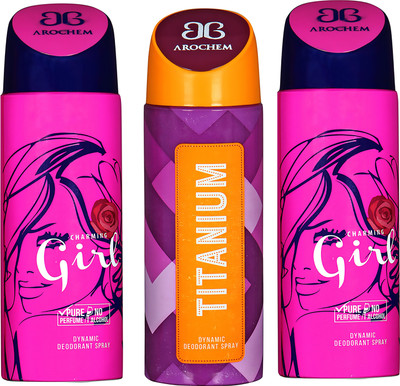 

AROCHEM CHARMING GIRL , TITANIUM AND CHARMING GIRL DYNAMIC PURE ORIGINAL Deodorant Spray - For Men & Women(200 ml, Pack of 3)