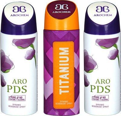 

AROCHEM ARO PDS , TITANIUM AND ARO PDS DYNAMIC PURE ORIGINAL Deodorant Spray - For Men & Women(200 ml, Pack of 3)