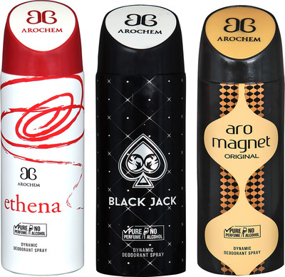 

AROCHEM ETHENA , BLACK JACK AND ARO MAGNET DYNAMIC PURE ORIGINAL Deodorant Spray - For Men & Women(200 ml, Pack of 3)
