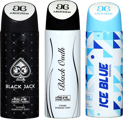 

AROCHEM BLACK JACK , BLACK OUDH AND ICE BLUE DYNAMIC PURE ORIGINAL Deodorant Spray - For Men & Women(200 ml, Pack of 3)