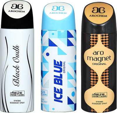 

AROCHEM BLACK OUDH , ICE BLUE AND ARO MAGNET DYNAMIC PURE ORIGINAL Deodorant Spray - For Men & Women(200 ml, Pack of 3)