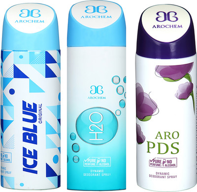 

AROCHEM ICE BLUE , H2O AND ARO PDS DYNAMIC PURE ORIGINAL Deodorant Spray - For Men & Women(200 ml, Pack of 3)