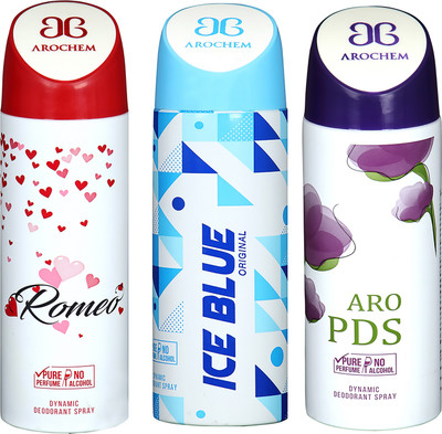 

AROCHEM ROMEO , ICE BLUE AND ARO PDS DYNAMIC PURE ORIGINAL Deodorant Spray - For Men & Women(200 ml, Pack of 3)