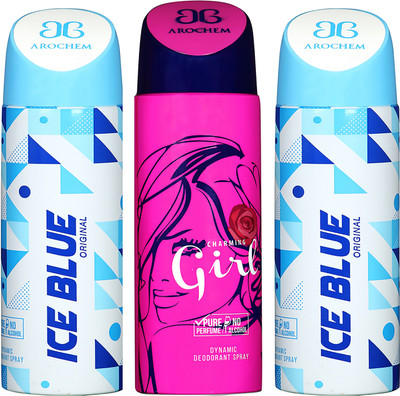 

AROCHEM ICE BLUE , CHARMING GIRL AND ICE BLUE DYNAMIC PURE ORIGINAL Deodorant Spray - For Men & Women(200 ml, Pack of 3)